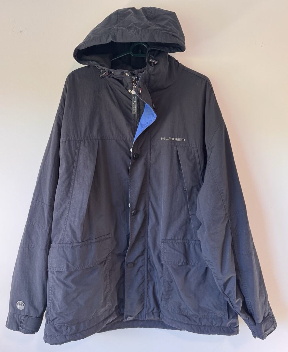 Tommy Hilfiger Mens XL Coldstop Hooded Jacket Navy Colorblock Spellout Insulated